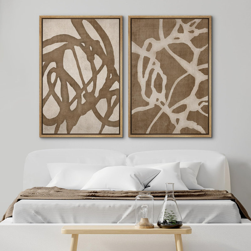 Linear Geometry " Natural Flow Abstract Earth Tone Organic Shapes Cozy Neutral Minimal Decor Nordic Zen Boho Bedroom " 2 - Pieces