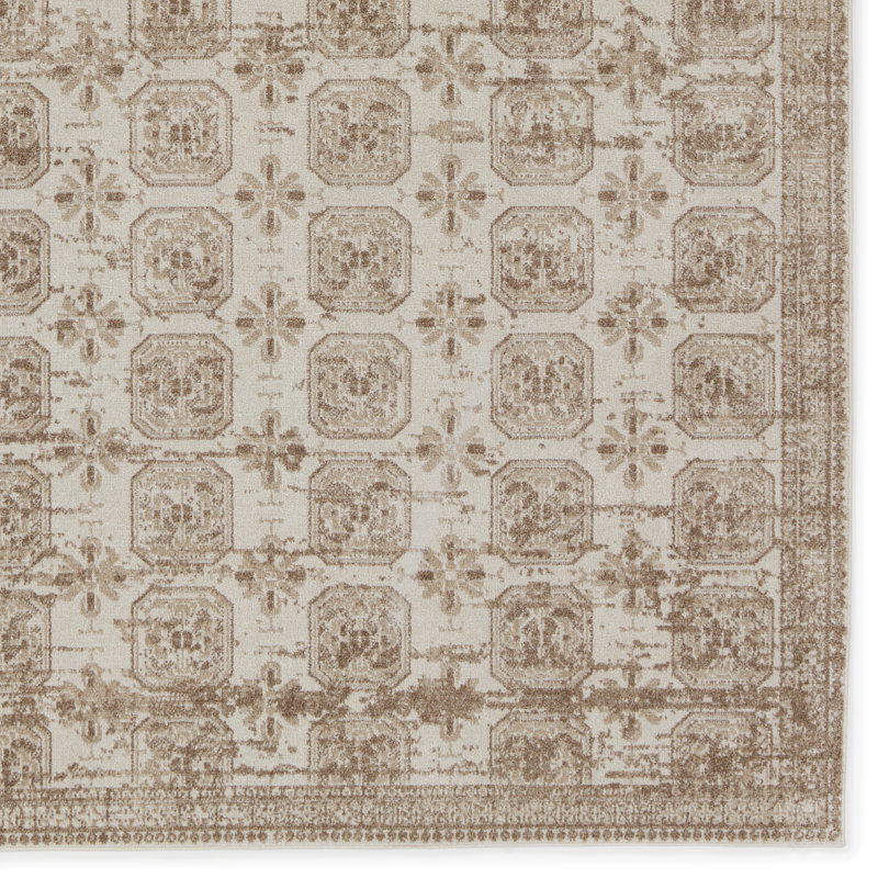 Tapis géométrique lavable à la machine Phoebe Kimmons en brun clair / crème, Rectangle 5 pi 3 po x 7 pi