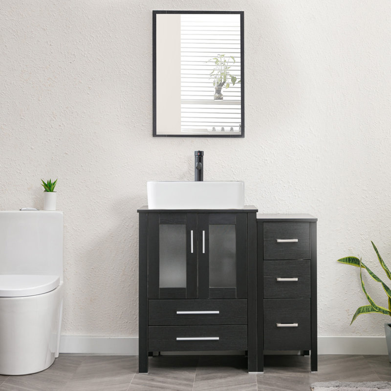Meuble-lavabo simple 36 po avec plateau en bois manufacturé Breahnna, lavabo vasque, robinet, bonde, Noir, Noir