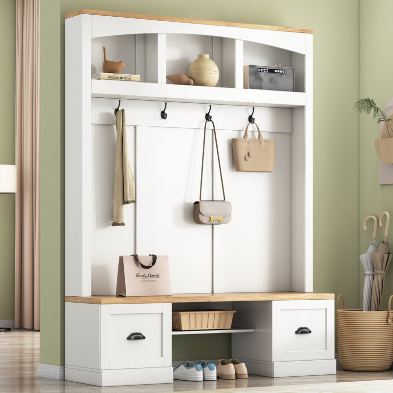 Hall Tree 55.1'' Wide With Bench And Shoe Storage, White