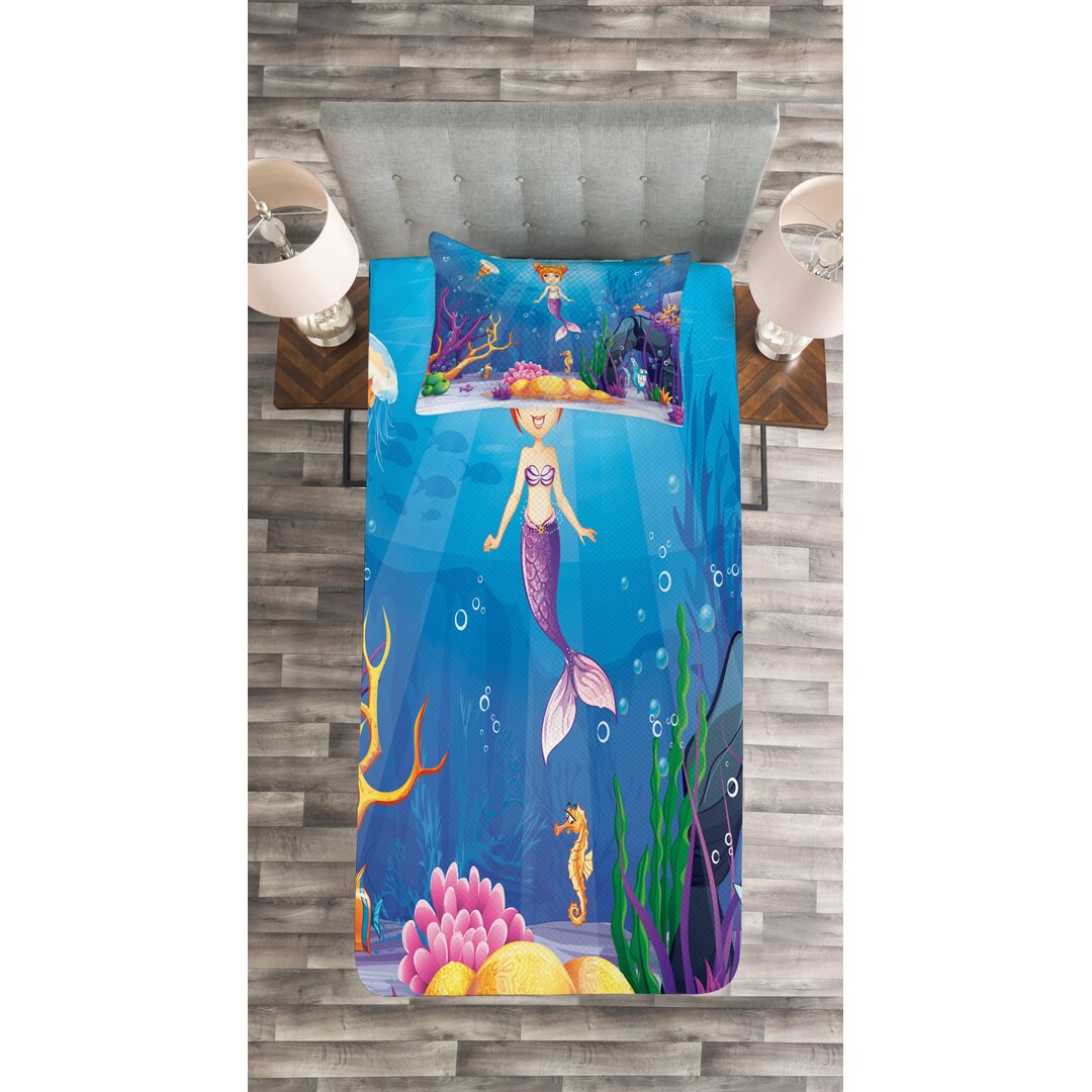 Tagesdecke Set, Cartoon Mermaid Fisch, Bunt, Mehrfarbig