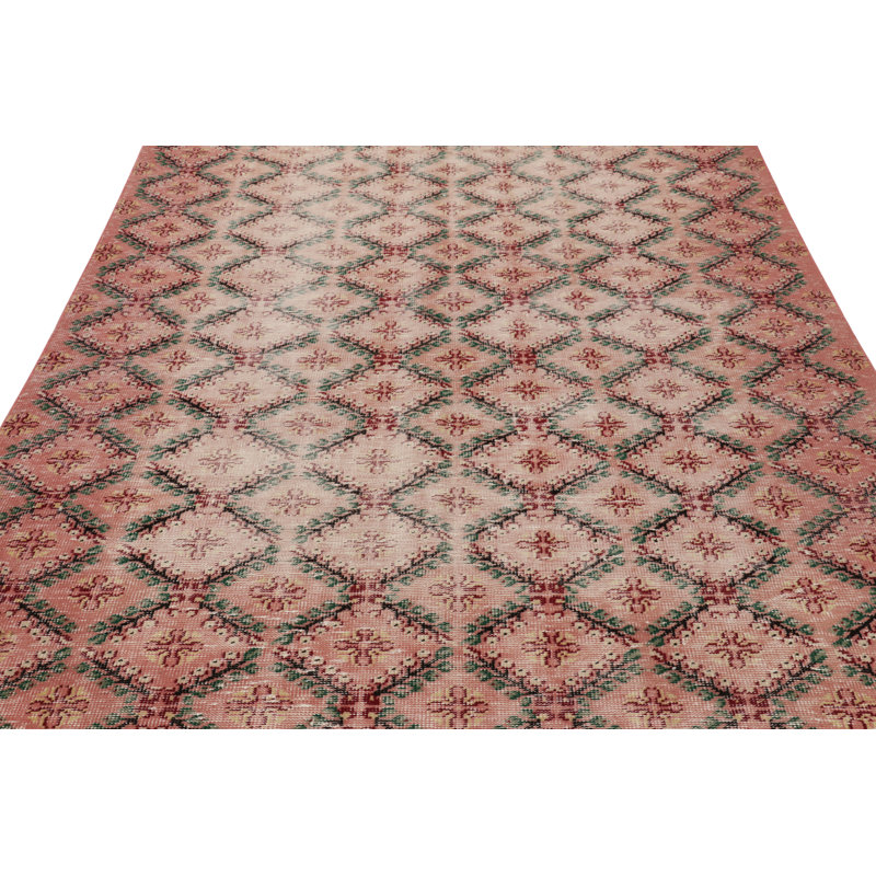 Vintage Distressed Rug, Pink And Green Geometric Floral Pattern - Rug & Kilim