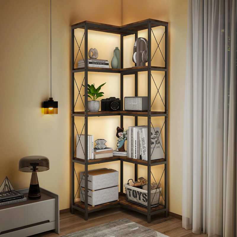5 Tier Corner Bookshelf With Rgb Light, Wooden Storage Rack, Display Shelf Bookcase