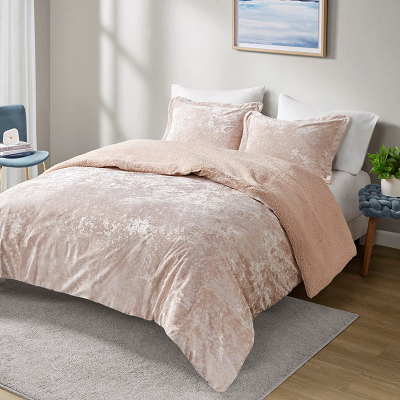 Ensemble d'édredon réversible en sherpa concassé, Rose, Édredon double + 2 taies décoratives standards