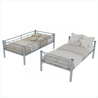 Convertible Twin Over Twin Bunk Bed For Kids Bedroom Classic Silver Metal Frame With Safety Guardrail And Ladder