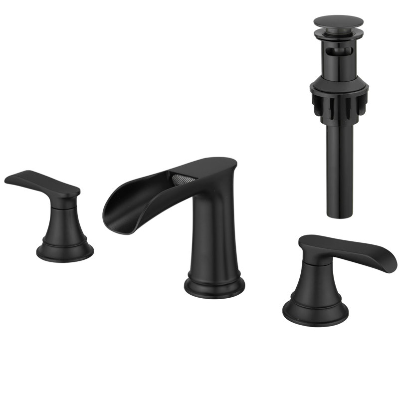 Bathroom Faucets For Sink 3 Hole Black 8 Inch Widespread Bathroom Sink Faucet With Pop Up Drain Double Lever Handle Faucet Bathroom Vanity Faucet Basin Mixer Tap Faucet With Hose