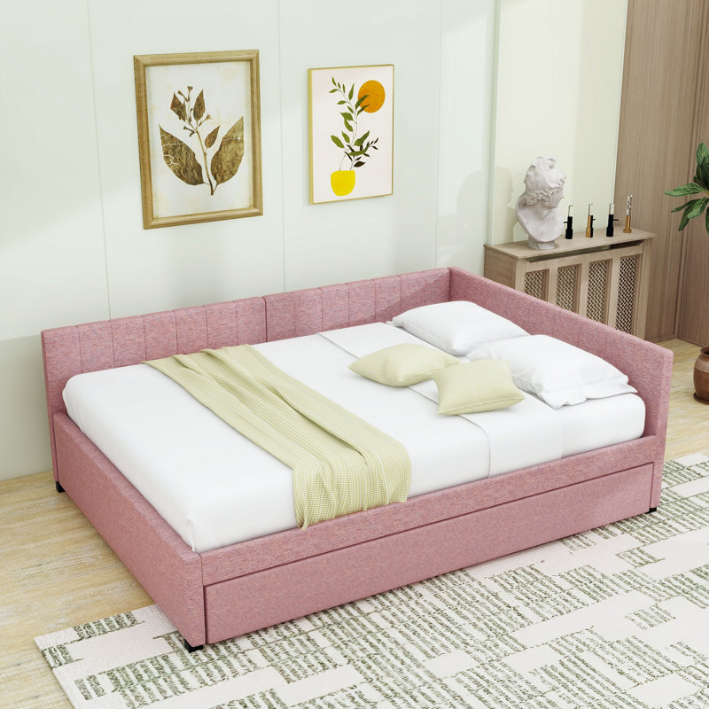 Yasmir Upholstered Sofa Daybed with Trundle, Pink, Full