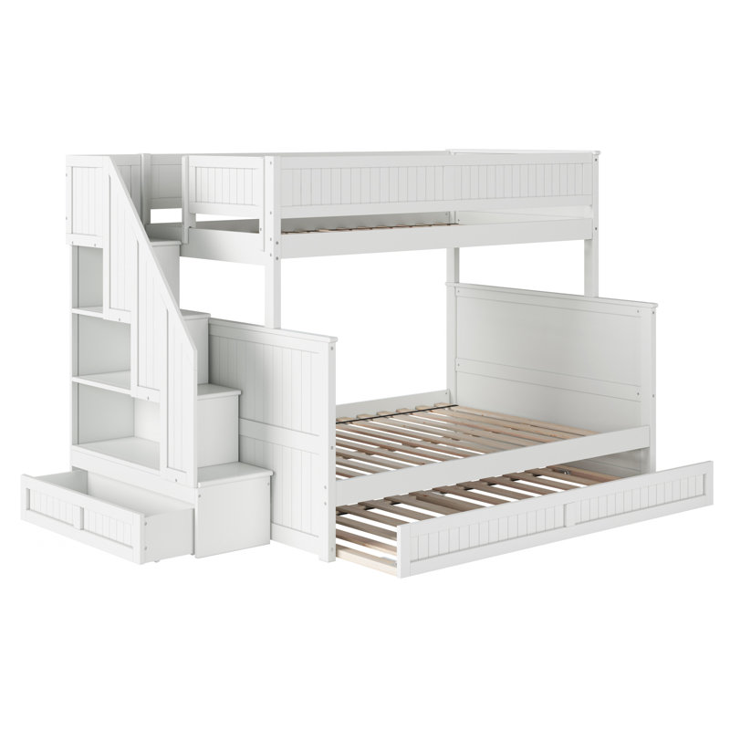 Keaire Staircase Bunk Bed with Storage Drawer and Twin Trundle, White, Twin Over Full