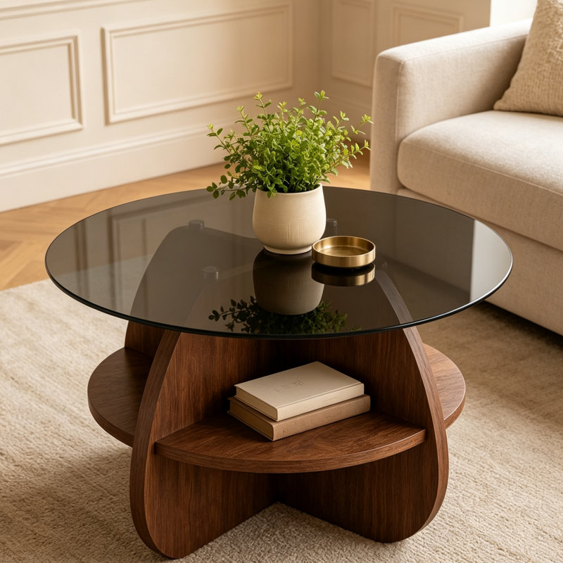 Table basse Table d'appoint ronde avec rangement en verre, plateau en verre trempé gris avec tablette en éventail en noyer et cadre en croix, table d'appoint moderne pour le salon, les petits espaces et les appartements