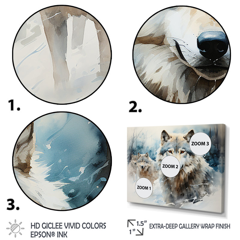 Neige loups en hiver I - loup, art mural, H 24 po x l 32 po x P 1 po, Cadre flottant blanc