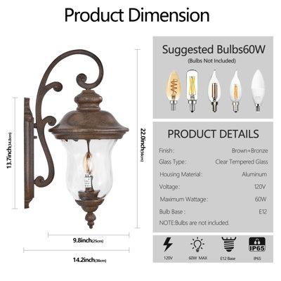 22" Royal Bronze Outdoor Wall Sconce, Large Hammered Glass Exterior Light for Porch