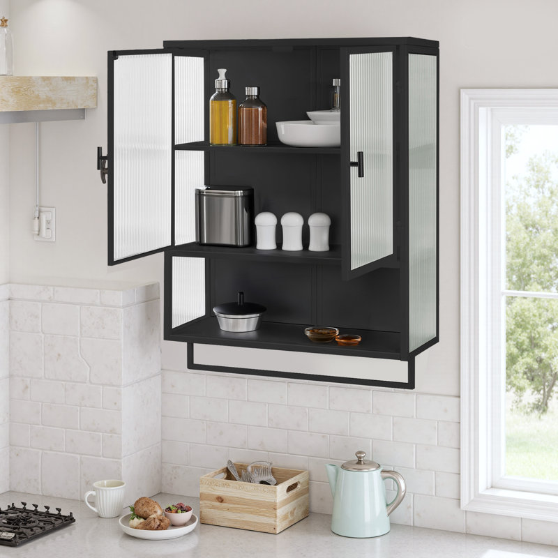 Larock Glass+Metal Wall-mounted Bathroom Cabinet,Wall Cabinet, Black