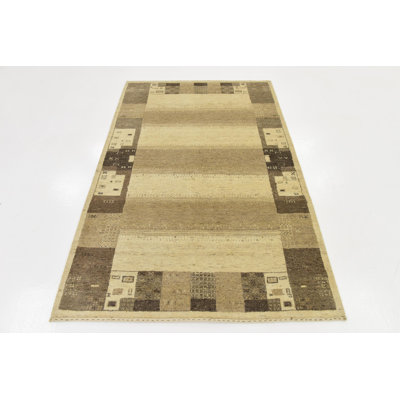 Tapis en laine crème/brune 4 pi x 6 pi 2 po one-of-kind à la main noué la Didcot