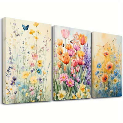 Spring Flower Watercolor 3-Piece Canvas Print for Fresh Living Room Home Decor