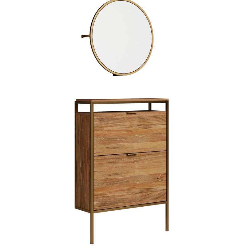 Armoire à chaussures murale à finition brune avec miroir intégré, peu encombrante pour le rangement, la structure, les compartiments basculants, la tablette et les crochets