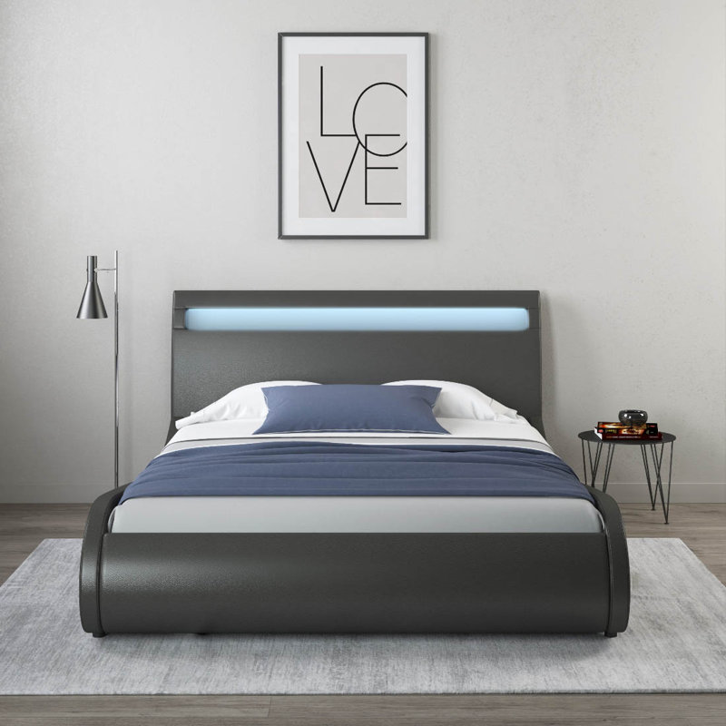 Atropus LED Faux Leather Bed Frame, Black, Double (4'6)