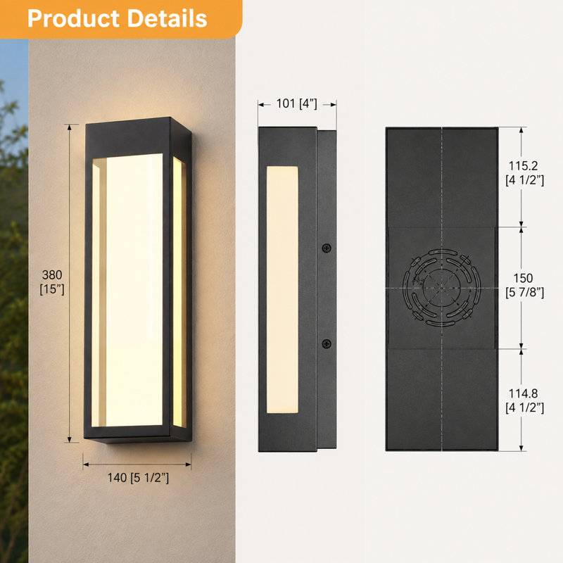 1 applique murale d'extérieur à DEL en fer à intensité variable 19,6 po H, Noir mat, 15'' H X 5.5'' W X4'' D