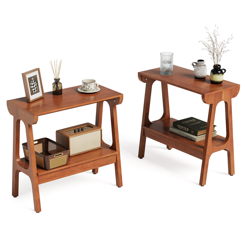Table de bout étroite en bois massif avec rangement à 2 niveaux