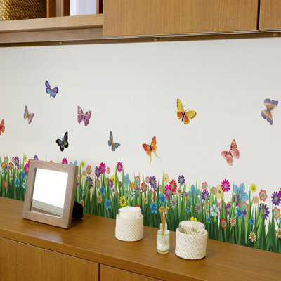 Adhésif décoratif herbe et papillons colorés