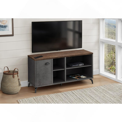 Modern 48 Inch TV Stand With Storage, Grey Metal And Brown Laminate, Ideal For Living Room And Bedroom Entertainment Centers.