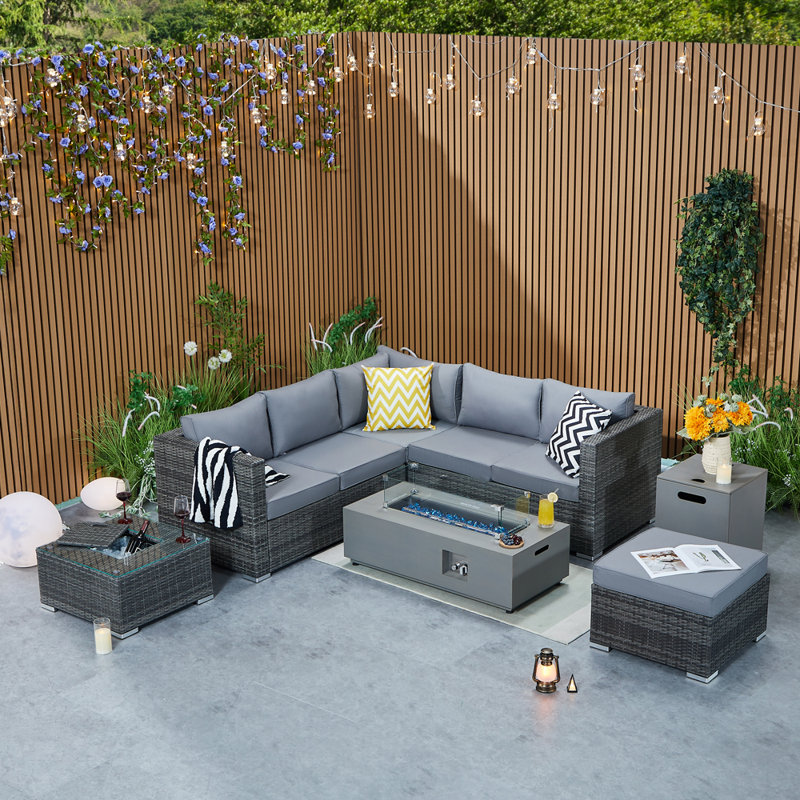 Vancouver Aluminium Frame 6 Seater Corner Sofa Set With Ice Bucket Coffee Table+rain Cover+footrest+fire Pit With Gas Bottle Storage