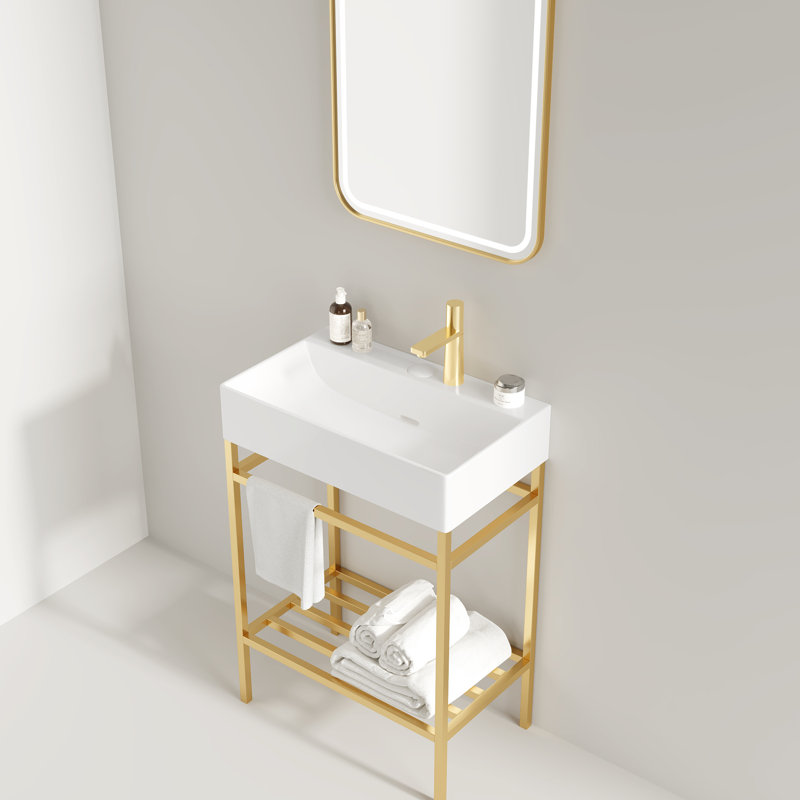 Meuble-lavabo de salle de bain avec lavabo en céramique rectangulaire de 24 po - blanc, console autoportante, pieds en métal, or, tablettes avec rangement, lavabo rectangulaire, ouvert
