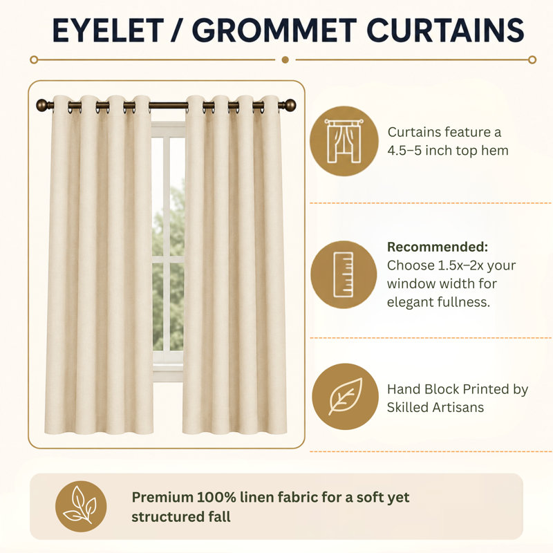 Fabdivine Linen Eyelet Curtains 54x108 Inch Stylish Window Drapes for Home- Tulsi Buti, 54" W x 63" L