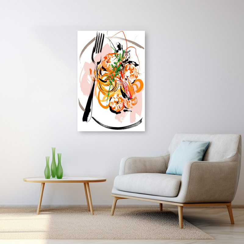 «Vibrant Shrimp Pasta», art mural moderne coloré abstrait, 48" H x 32" W