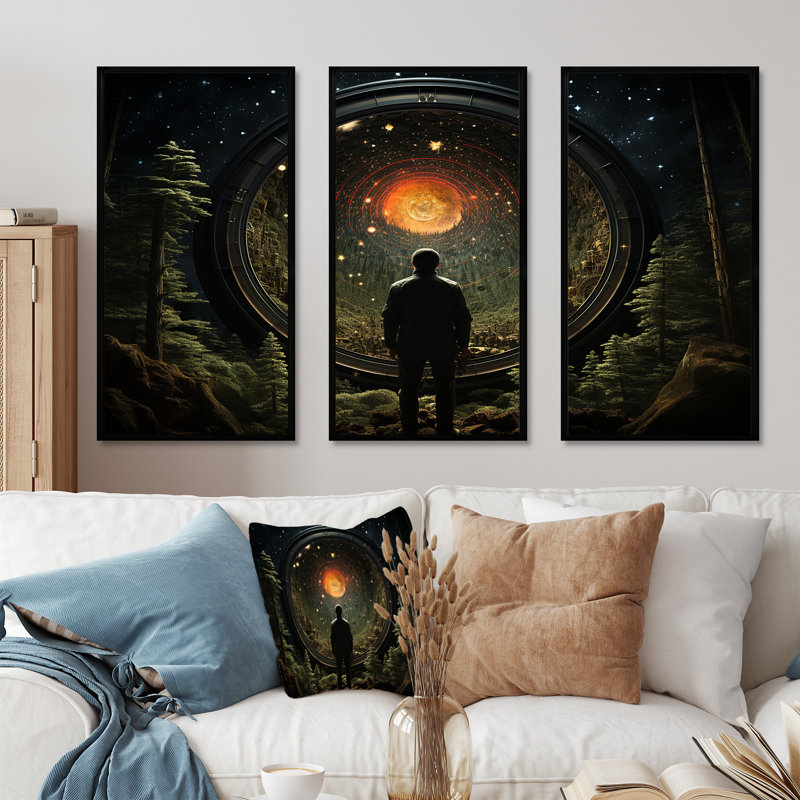 Mystic Flora Man Walking To Mystic Forest I - Abstract Landscape, art mural, Cadre flottant noir, H 28 po x l 36 po