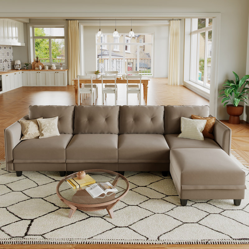 Zendajas 112" Curved Arm Convertibility 4 Seater Sofa Chaise Storage ottoman, Camel Velvet