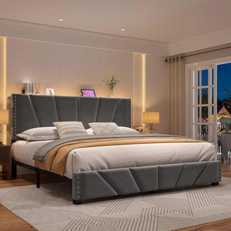 Upholstered Storage Platform Bed Frame with Adjustable Height Velvet Headboard, LED Light & Charging Station, No Box Spring Needed