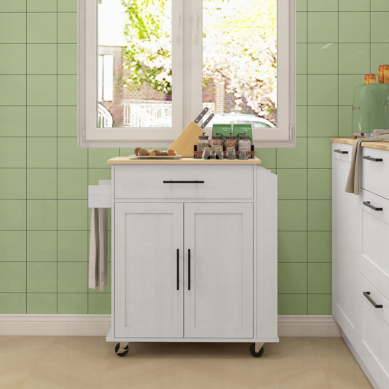 Rolling Kitchen Island with Storage Cart AC Outlets USB Ports Microwave Stand Towel and Spice Rack, White