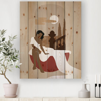 Illustration minimaliste d'une fille assise en robe longue - reproduction d'art sur bois sans cadre