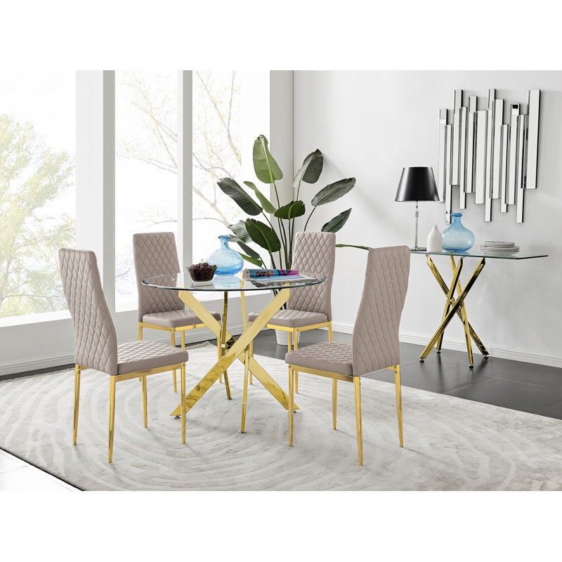 Eubanks 4-Person Round Dining Set, Cappuccino/Gold, Gold