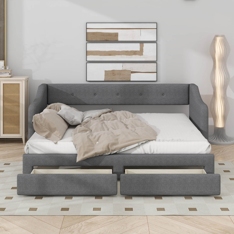 Twin XL  to King Size Upholstered Daybed With Drawers, Gray