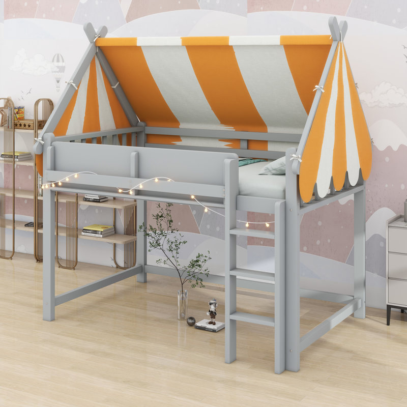 Elevated Loft Bed Featuring Dreamy Canopy, Soft LED Lights, And Convenient Book Shelf, Gray