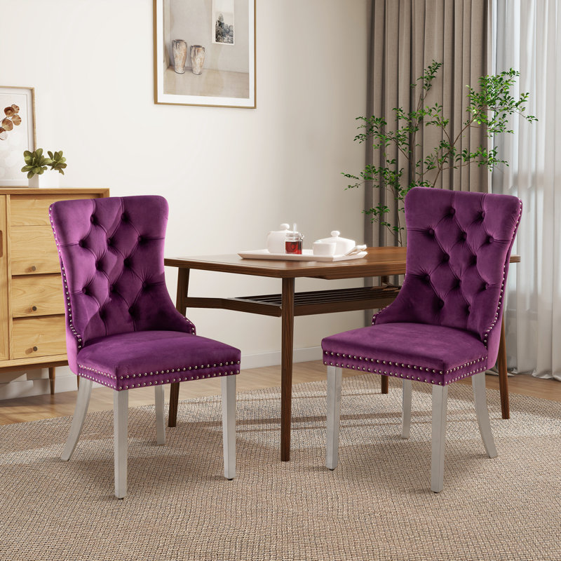 Geddy 20'' H Tufted Velvet Upholstered Side Chair, Silver, Purple