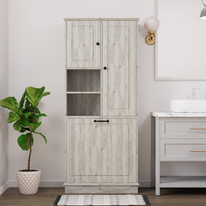 Armoire de rangement de 67,7 po de hauteur avec tablettes réglables et panier à linge, Chêne