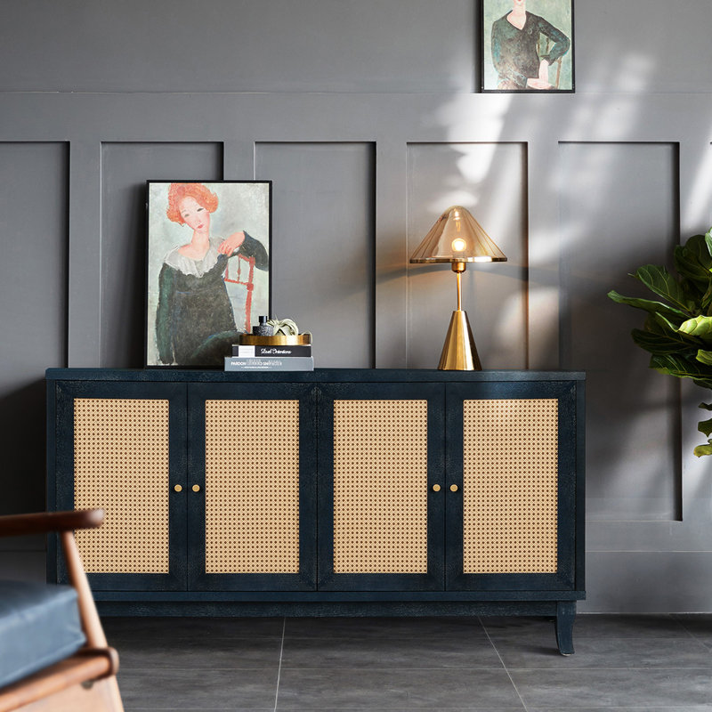 Console à panneaux texturés, buffet 4 portes pour salon, étagères réglables, table d'appoint de rangement bleue artisanale, meuble