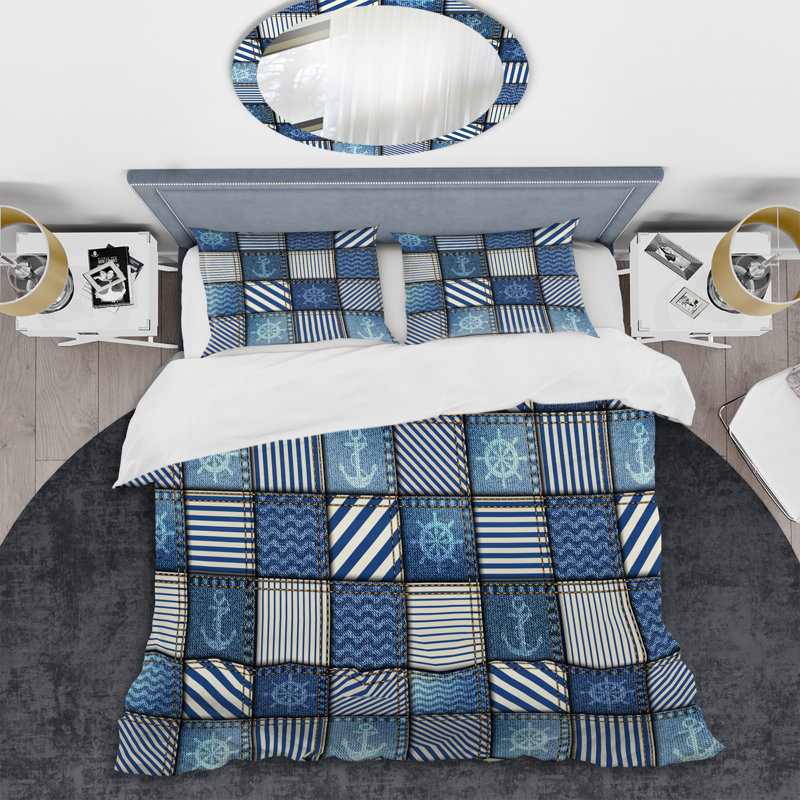 Blue Denim Patchwork - Abstract Duvet Cover Set - Microfiber Polyester, King Duvet Cover + 2 King Shams