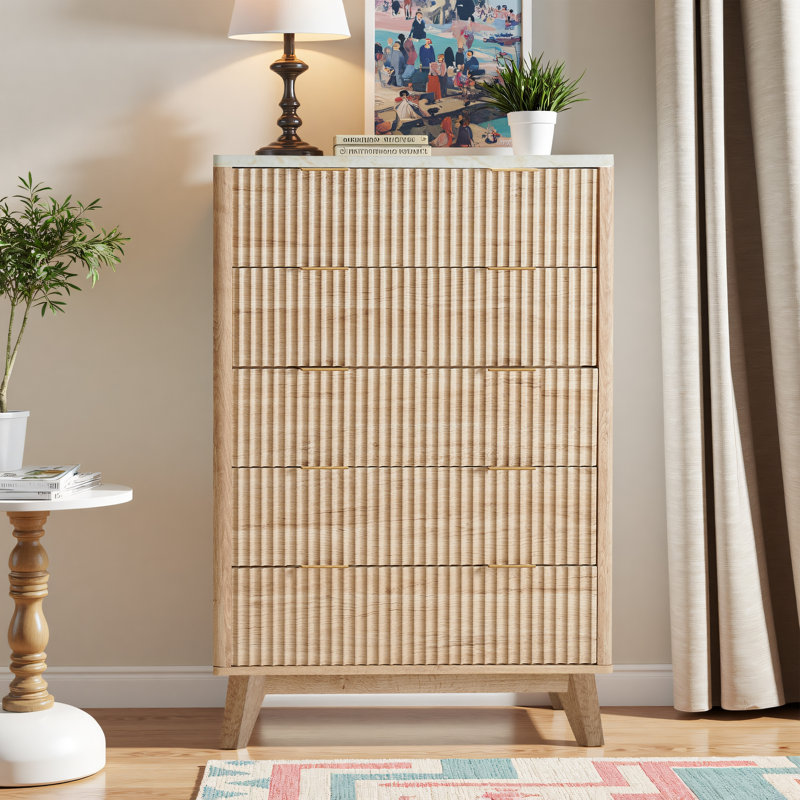 Modern 5 Drawer Dresser - Faux Marble Top & Curved Designsurface, Natural Oak