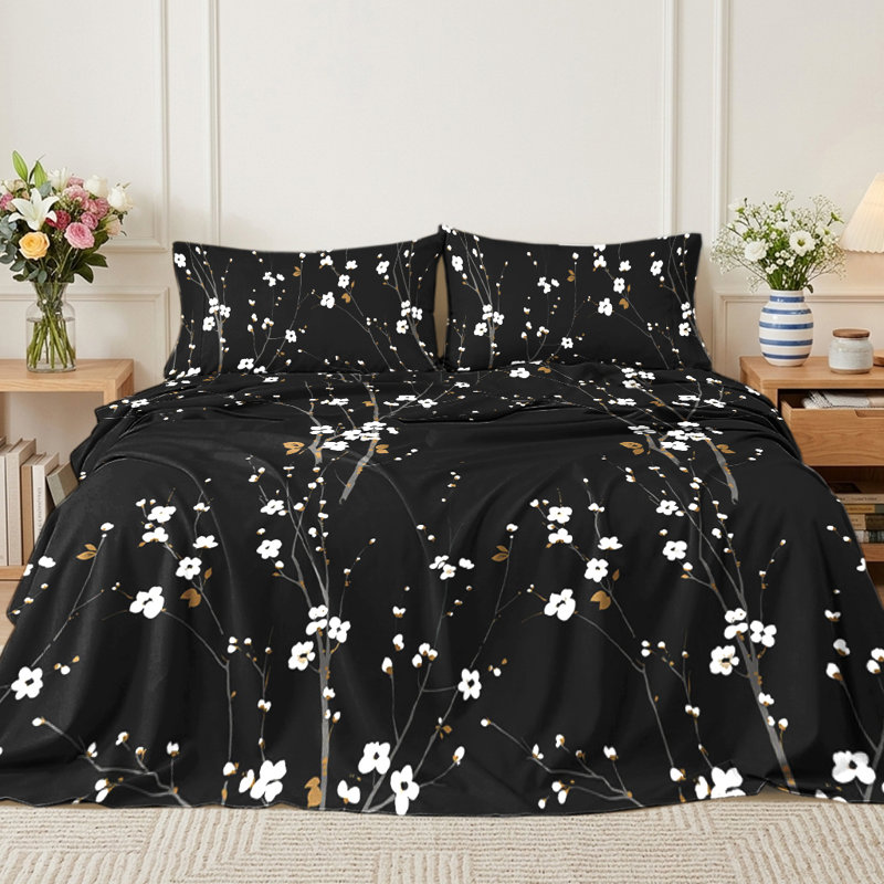 Floral Sheet Set, King Sheet Set with Fitted Sheet & 2 Pillowcases, Black