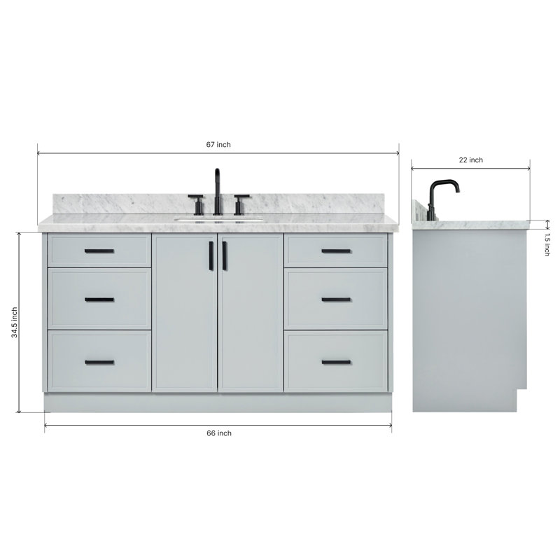 Ariel Kelly 67 Inch Single Rectangular Sink Bathroom Vanity With Italian Carrara Marble Countertop, Gray