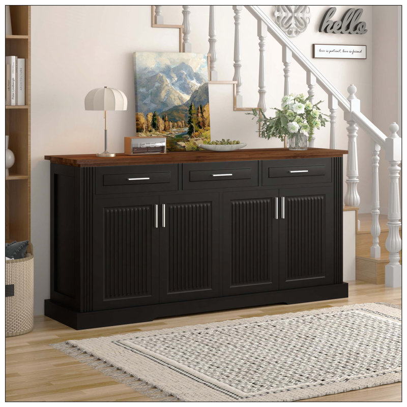 Buffet de rangement réglable avec 3 poignées rétro en métal et 4 pieds en pin, pour le hall d'entrée, le salon, la salle d'étude et la salle à manger
