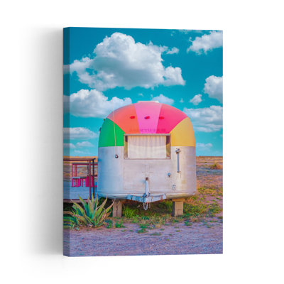 Vintage Camper Trailer With Rainbow Top Colorful Retro Vintage Palm Landscape Nature Wall Art Print 1 Piece Wrapped Canvas Wall Art