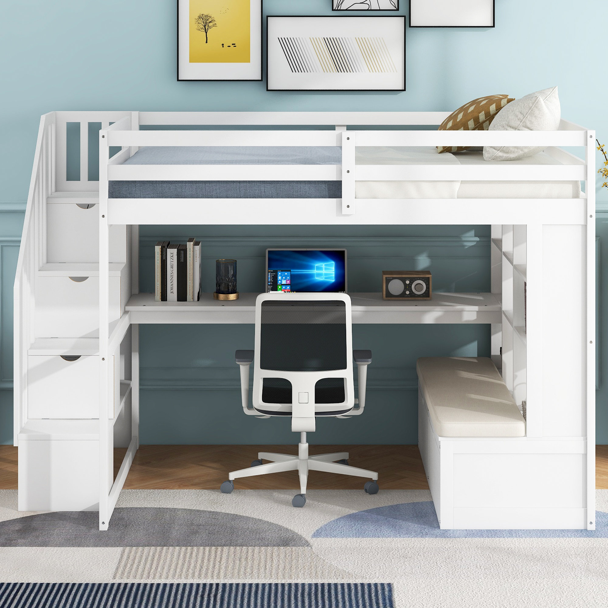 Harriet Bee Full Size Loft Bed with Desk and Shelves, Two Built-in ...