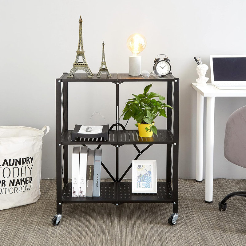 3-Tier Metal Storage Cart With Rolling Wheels, Foldable Design For Multi-Purpose Use In Home And Office