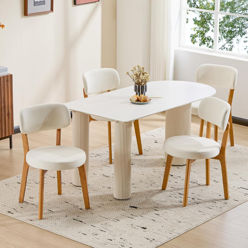 Mid-Century Modern 20” H Wooden Dining Chairs Upholstered Kitchen Side Chair, Beige