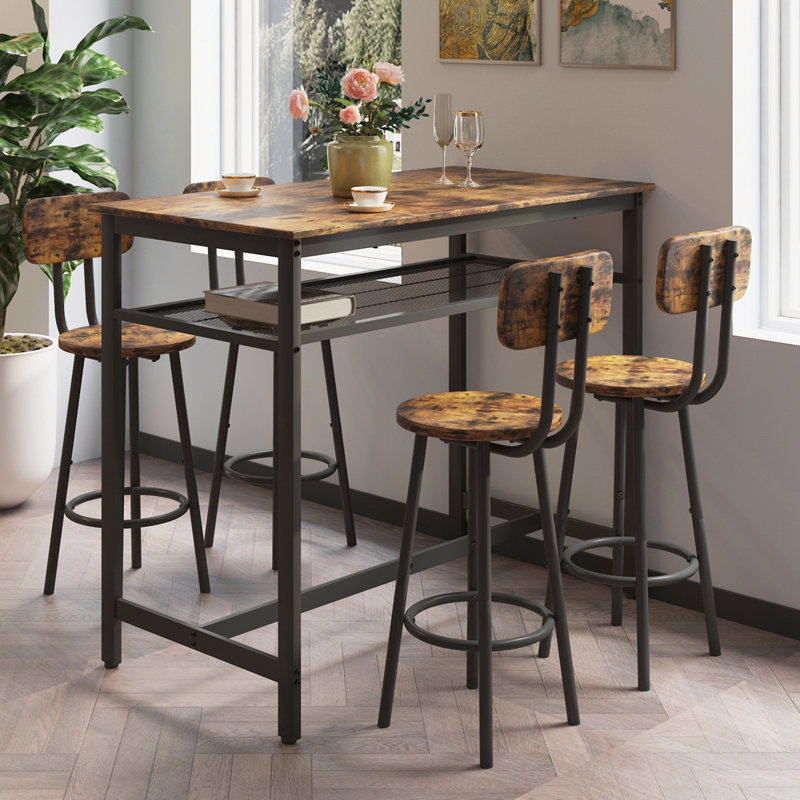 Lysle 5-Piece Industrial Bar Table Set with Metal Shelf, Dining Set, Counter Height Table & 4 Bar Stools, Brown/Black, Black