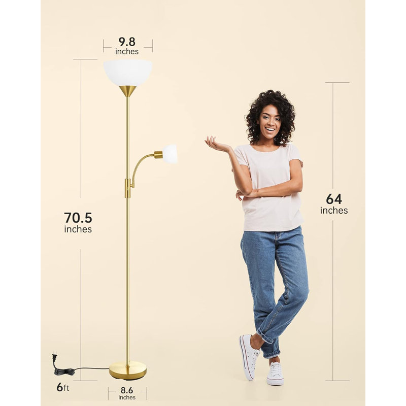 Lampe sur pied à deux têtes avec lampe de lecture réglable, interrupteur à 3 voies et finition bronze rustique pour le salon, la chambre à coucher ou le bureau